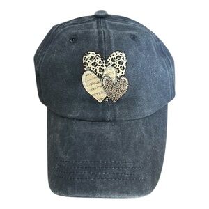 Three Leopard Print Hearts on a Blue Washed Baseball Cap adjustable band New
